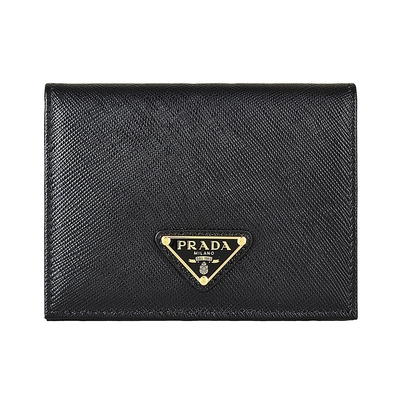 PRADA 普拉達 SAFFIANO TRIANG燙金三角LOGO防刮牛皮4卡扣式對折短夾(黑)