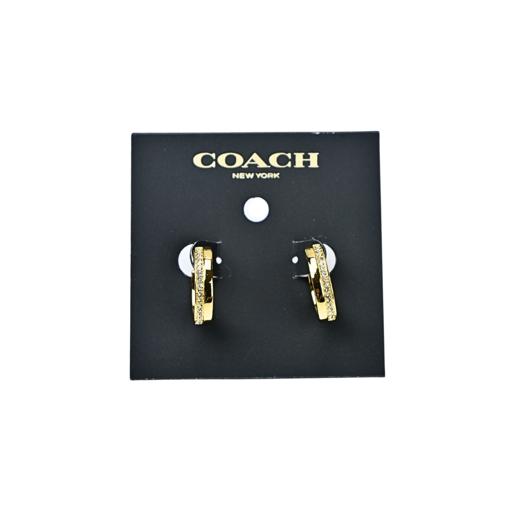 COACH金色環狀水鑽鑲嵌馬蹄形環型針扣耳環