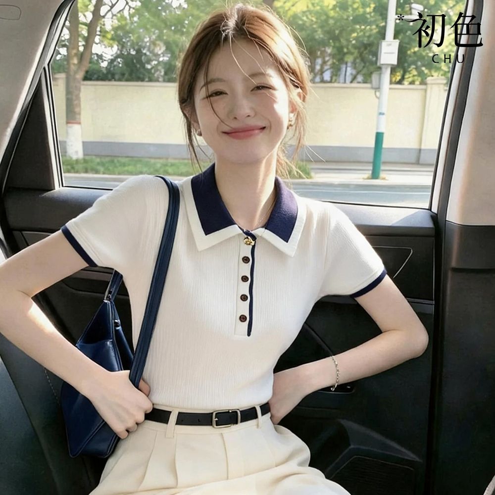 初色 小香風氣質拼接撞色半門襟單排釦翻領短袖針織衫上衣女上衣-白色-51979(F可選)