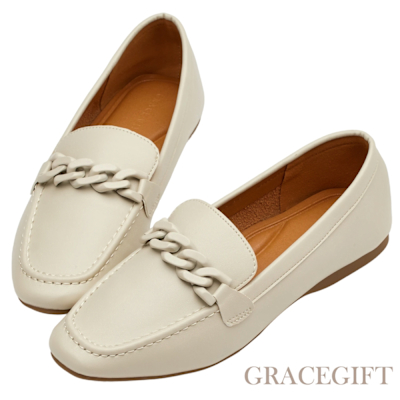 【Grace Gift】文青小方頭鍊條平底樂福鞋 米白