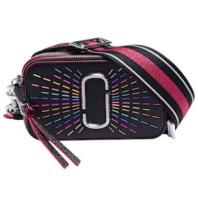 MARC JACOBS Snapshot金屬LOGO防刮牛皮金屬彩條裝飾手拿/斜背包(小-黑)