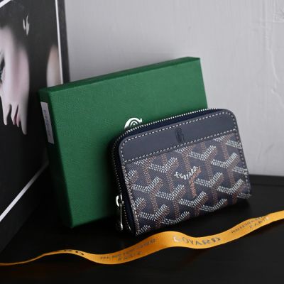 GOYARD Matignon PM 印花皮革ㄇ字拉鍊零錢包(藍)