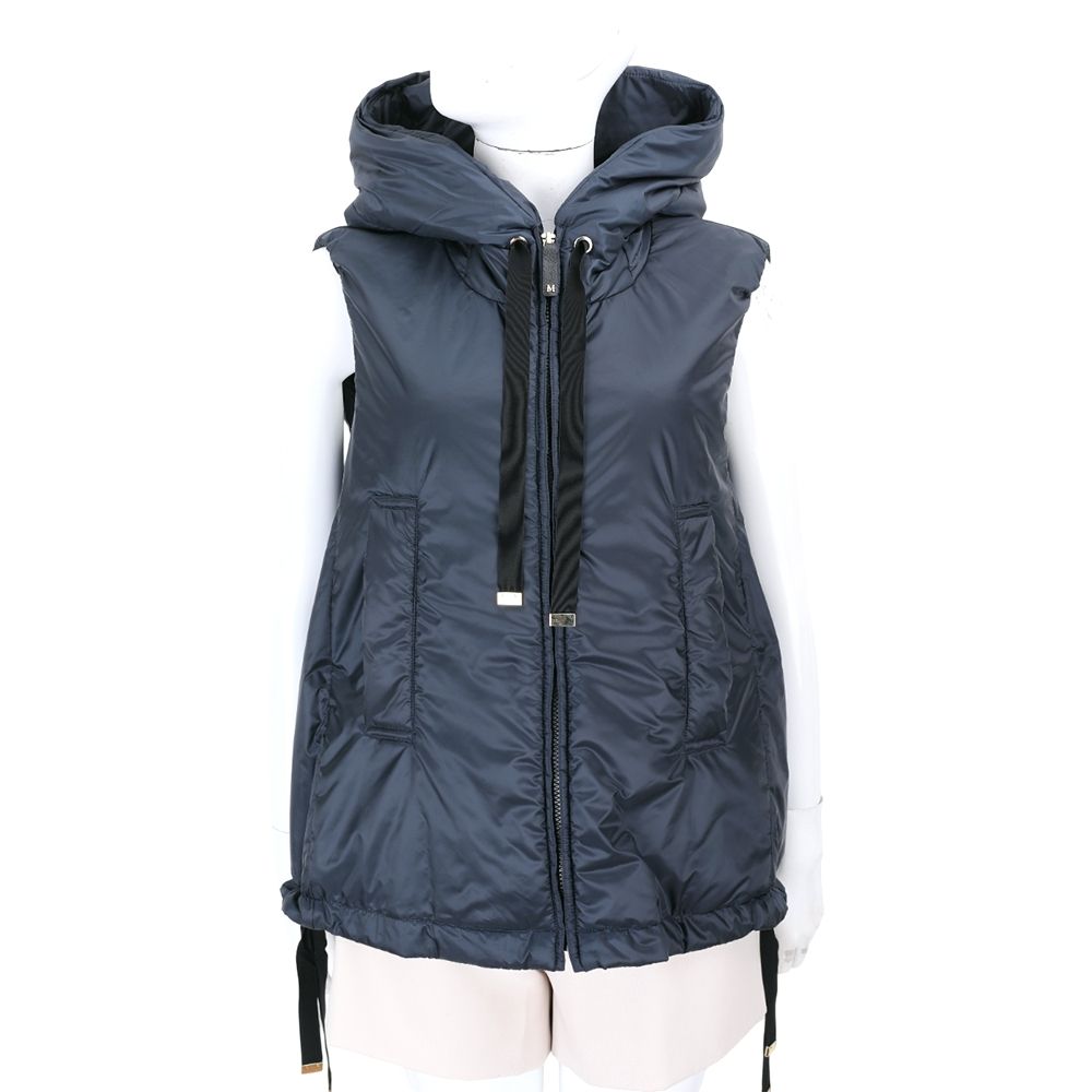 MAX MARA-The Cube 緞帶抽繩連帽駱駝絨背心-多色可選 (深藍)