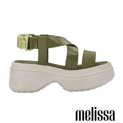 Melissa-亮面寬帶交叉厚底涼鞋-墨綠色