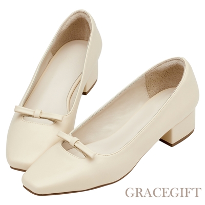 【Grace Gift】復古女孩小方頭簍空蝴蝶結瑪莉珍跟鞋 米白