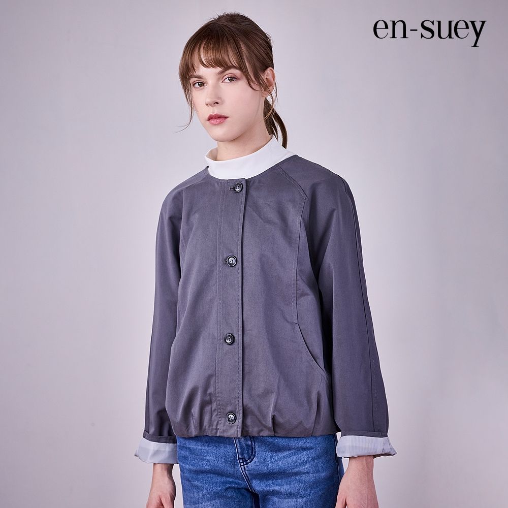 【en-suey 銀穗】拉克蘭袖開襟無領防風外套 (灰色)