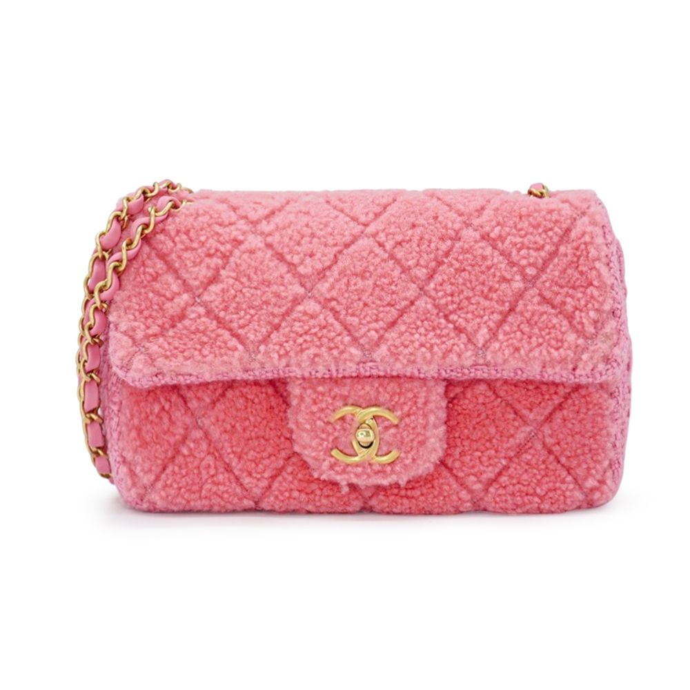 二手品 Chanel 香奈兒 斜紋毛呢霧金釦掀蓋口蓋包(AS0603-粉)