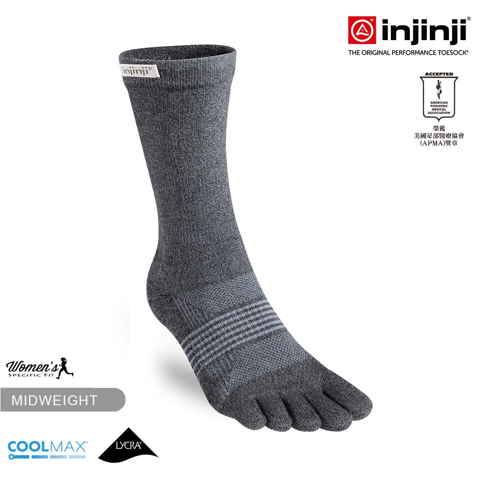 injinji 女 Trail野跑避震吸排五趾中筒襪FX[黑色]WAA3995 |五趾襪 厚底防震 運動襪 跑襪 推薦女襪 野跑 (黑色)