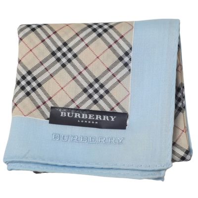 BURBERRY 經典斜卡其格紋水藍邊字母LOGO刺繡迷你帕巾(38CM)