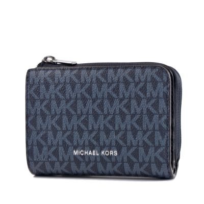 MICHAEL KORS 男款 COOPER 緹花LOGO防刮零錢袋對開釦式短夾-藍色