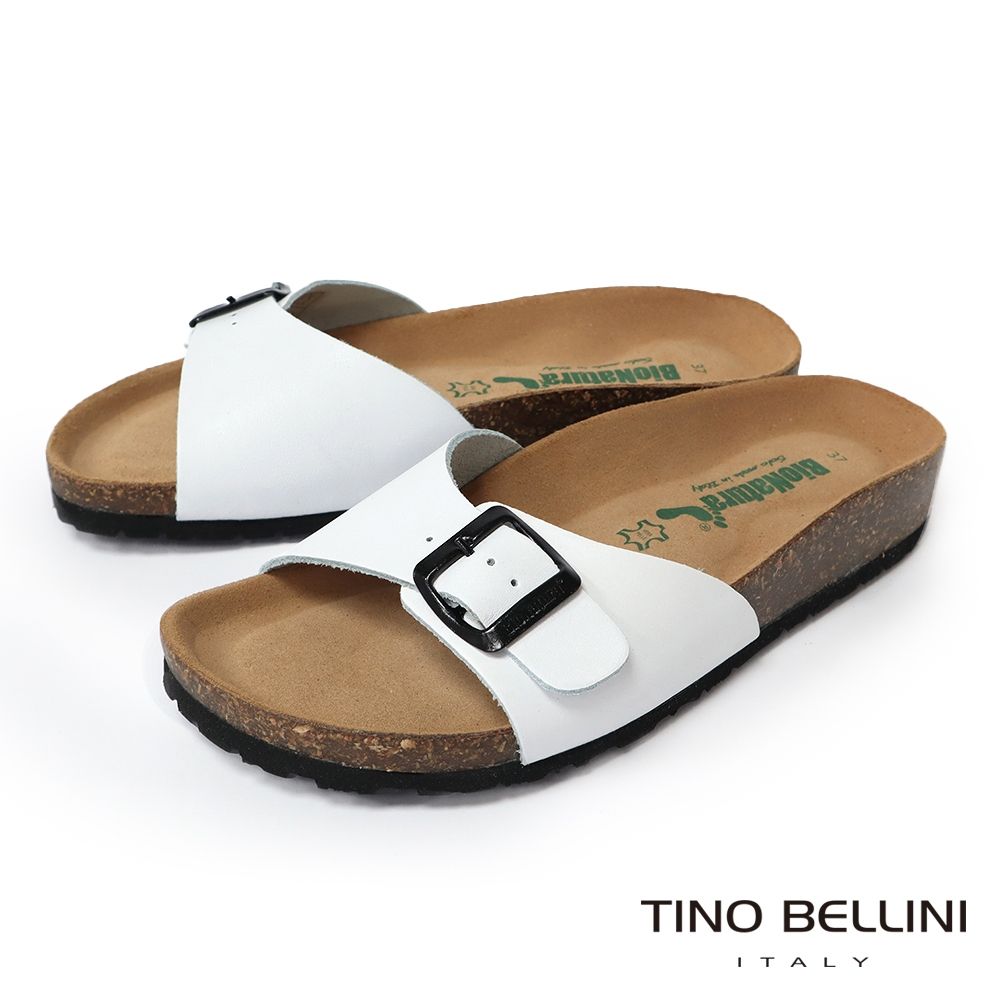 【TINO BELLINI 貝里尼】義大利進口 BIONATURA 腳床舒適鞋 真皮 飾扣造型 軟木軟底 拖鞋 FSQB002-0(白色)
