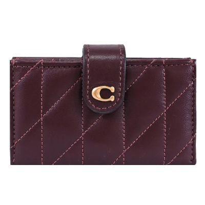 COACH 金屬C LOGO絎縫皮革風琴扣式卡包(酒紅)