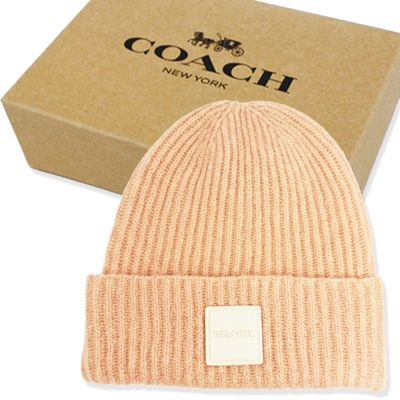 COACH 方標LOGO羊毛保暖毛帽附禮盒(粉/白)