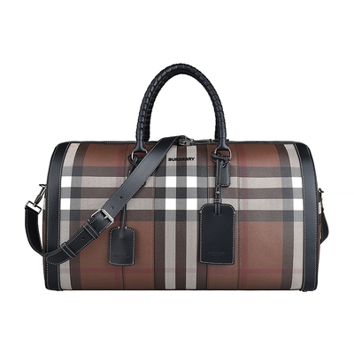BURBERRY 巴寶莉 字母LOGO格紋設計PVC拉鍊手提斜背旅行包(深樺木棕)