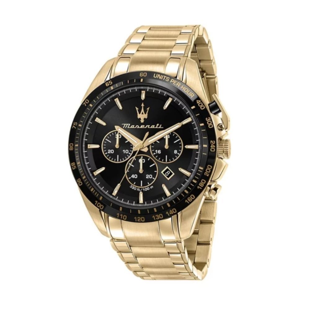 【MASERATI TIME】瑪莎拉蒂 TRAGUARDO系列黑色錶面金色鋼帶 R8873612041 附提袋