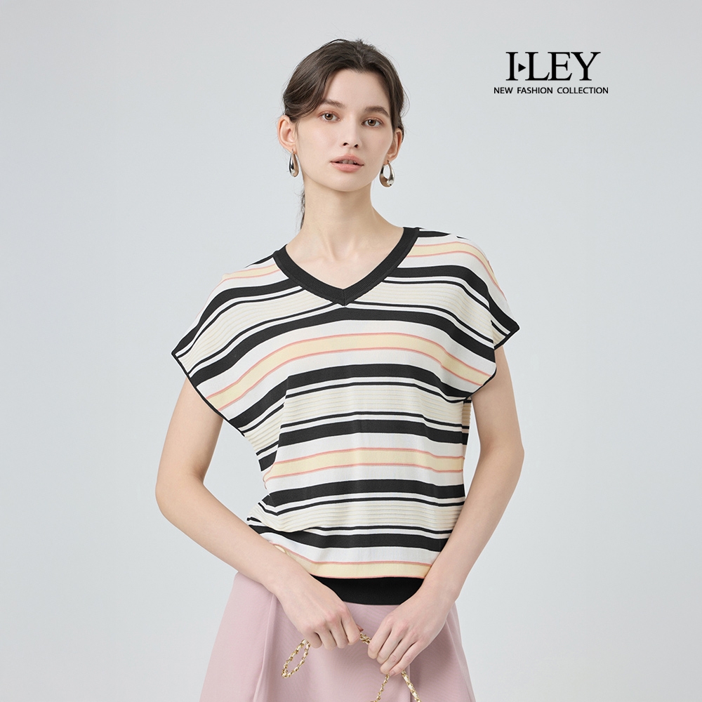 ILEY伊蕾 立體條紋V領縲縈針織上衣(白；M-2L)