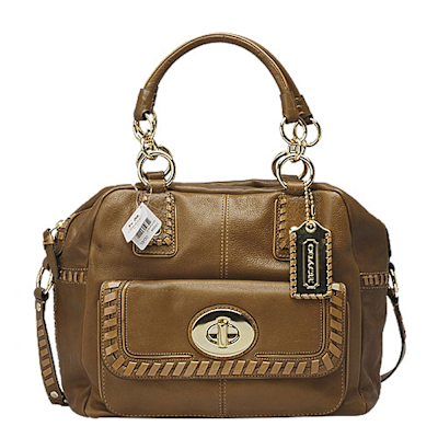COACH  磁釦口袋真皮編織飾邊二用保齡球包(焦糖色-展示品)