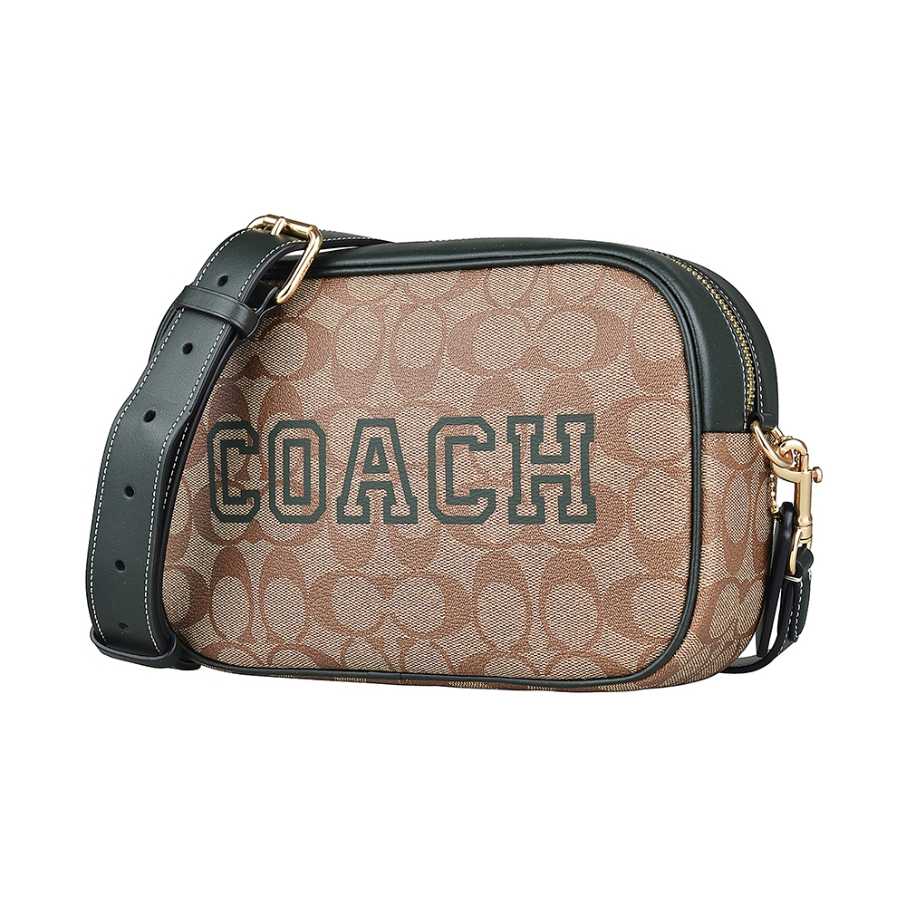 COACH Jamie 緹花PVC拉鍊斜背相機包(卡其x亞馬遜綠)
