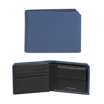 CAMPO MARZIO 義式時尚 牛皮6卡+1證件 雙層鈔票 零錢袋短夾-藍色