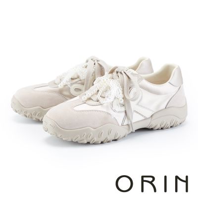 ORIN 珍珠蕾絲甜感綁帶運動休閒鞋 米色
