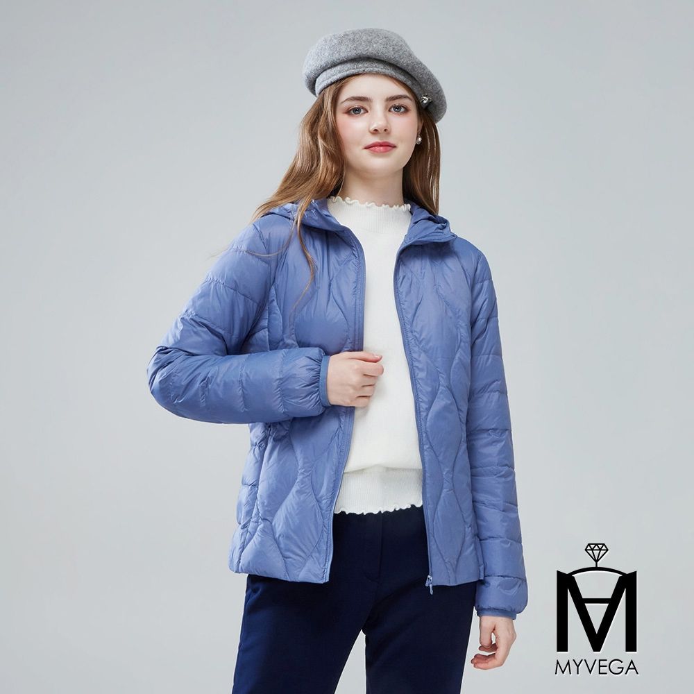 MYVEGA麥雪爾 MA保暖運帽銀邊/流線波紋白鴨絨外套-共二款 (A款-藍)