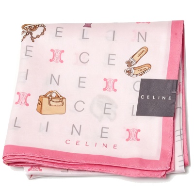 CELINE 粉紅底可愛配件包包字母印花圖騰LOGO帕領巾(52CM)