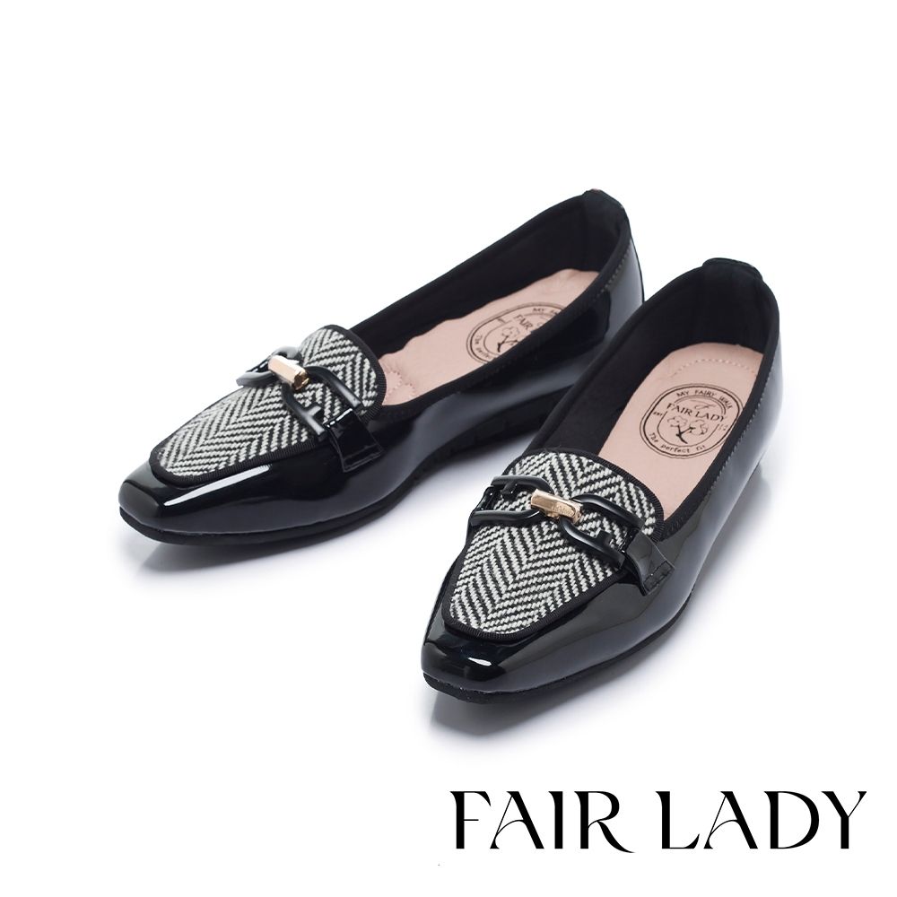 FAIR LADY 我的旅行日記 英倫極致幾何漆皮拼接增高樂福鞋 漆黑 (553229)