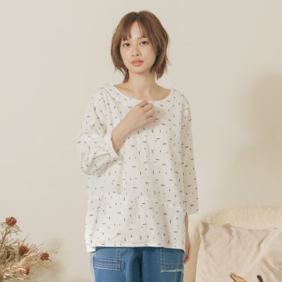 【MOSS CLUB】全棉方形幾何印花七分袖上衣 白 綠(魅力商品)