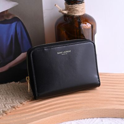 YSL Saint Laurent 質感燙印LOGO牛皮釦式零錢短夾(黑)