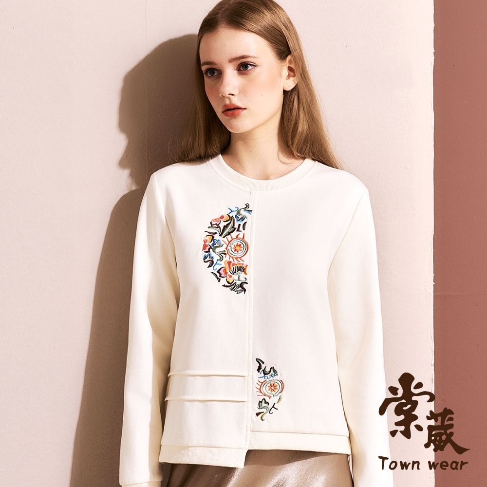 【TOWNWEAR棠葳】民俗風圖騰開衩上衣(中大尺碼/女上衣/女上著/素色/棉質/休閒) (米色系)