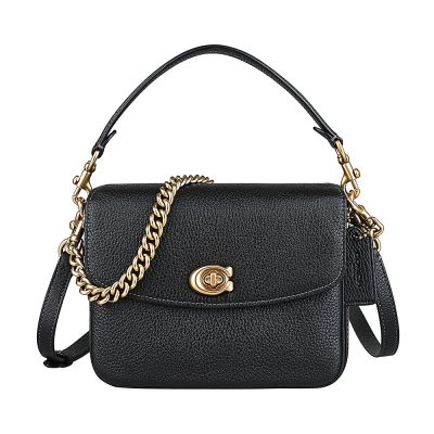 COACH CASSIE 19 立體C字LOGO金屬旋釦設計牛皮翻蓋手提斜背包(黑)