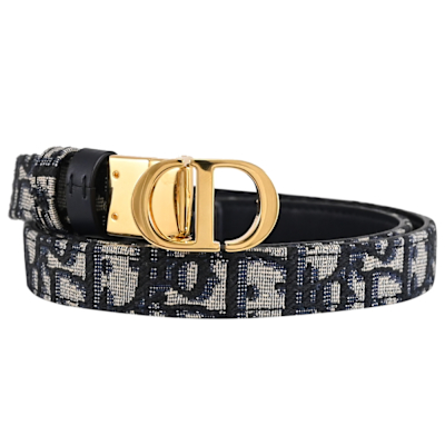 Christian DIOR Montaigne 滿版緹花LOGO窄版雙麵皮帶(深藍)