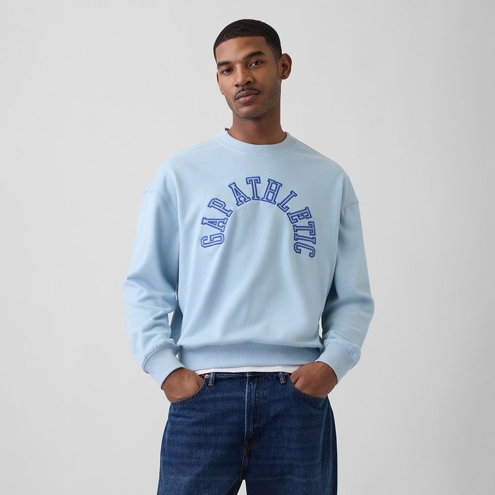【GAP】VintageSoft毛圈布寬版Gap Athletic運動衫-無月黑/新款米白/帆船藍/烘烤杏仁(887940) (帆船藍)
