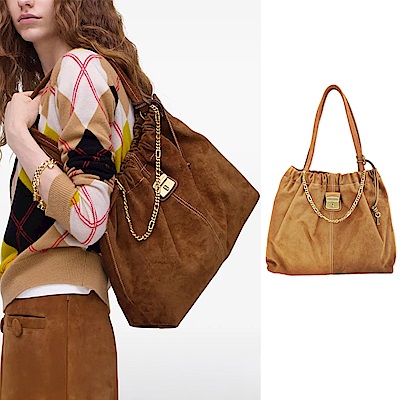 MARC JACOBS The Cristina 麂皮鍊條皺褶手提 肩背托特包(銅棕色)