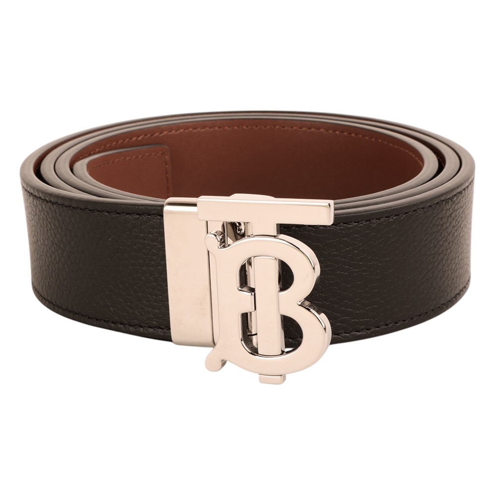 BURBERRY   TB銀頭荔枝牛皮皮帶3.5CM(黑x咖) 105cm