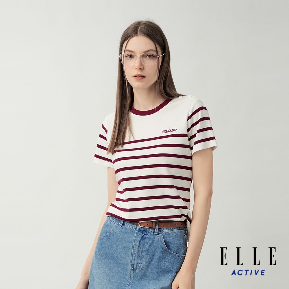 ELLE ACTIVE 女款 肩釦設計條紋圓領短袖T恤-紅色(EA26S1W1605#75)