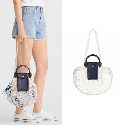 LONGCHAMP LE PLIAGE FILET系列網狀棉質手提/肩背翻蓋兩用包(大/海軍藍)