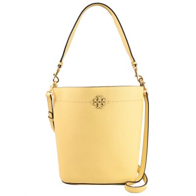 TORY BURCH 經典荔枝皮革手提斜背兩用扣式水桶包(黃色)