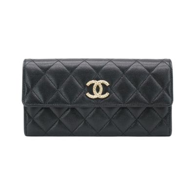 二手品 Chanel 香奈兒 Chanel 金雙C logo水鑽菱格牛皮釦式二折長夾(AP4247-黑)