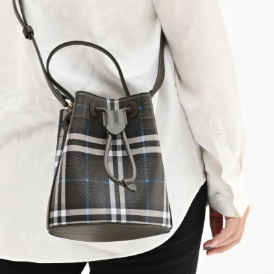 BURBERRY 格紋印花皮革迷你束口兩用/水桶包(深綠)