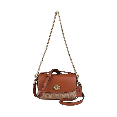 COACH Cassie 17金屬C字LOGO塗層帆布拼小牛皮旋釦式手提肩背斜背包(棕褐x焦糖)