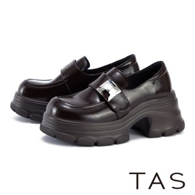 TAS 質感超纖金屬釦修飾厚底樂福鞋 咖啡