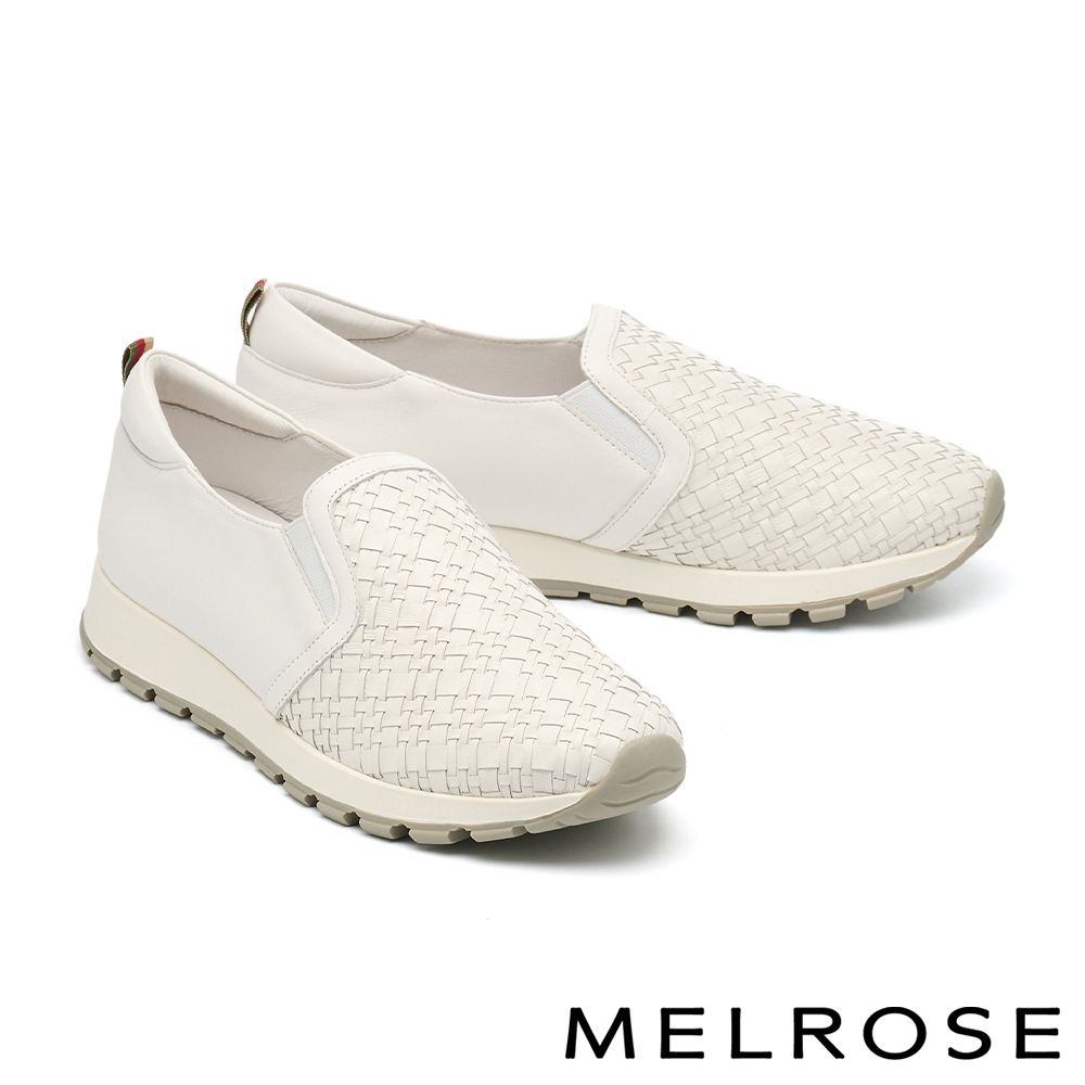 休閒鞋 MELROSE 美樂斯 率性潮感異材質編織全真皮厚底休閒鞋－白