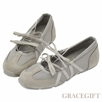 【Grace Gift】首爾芭蕾機能綁帶蝴蝶結瑪莉珍運動鞋 灰