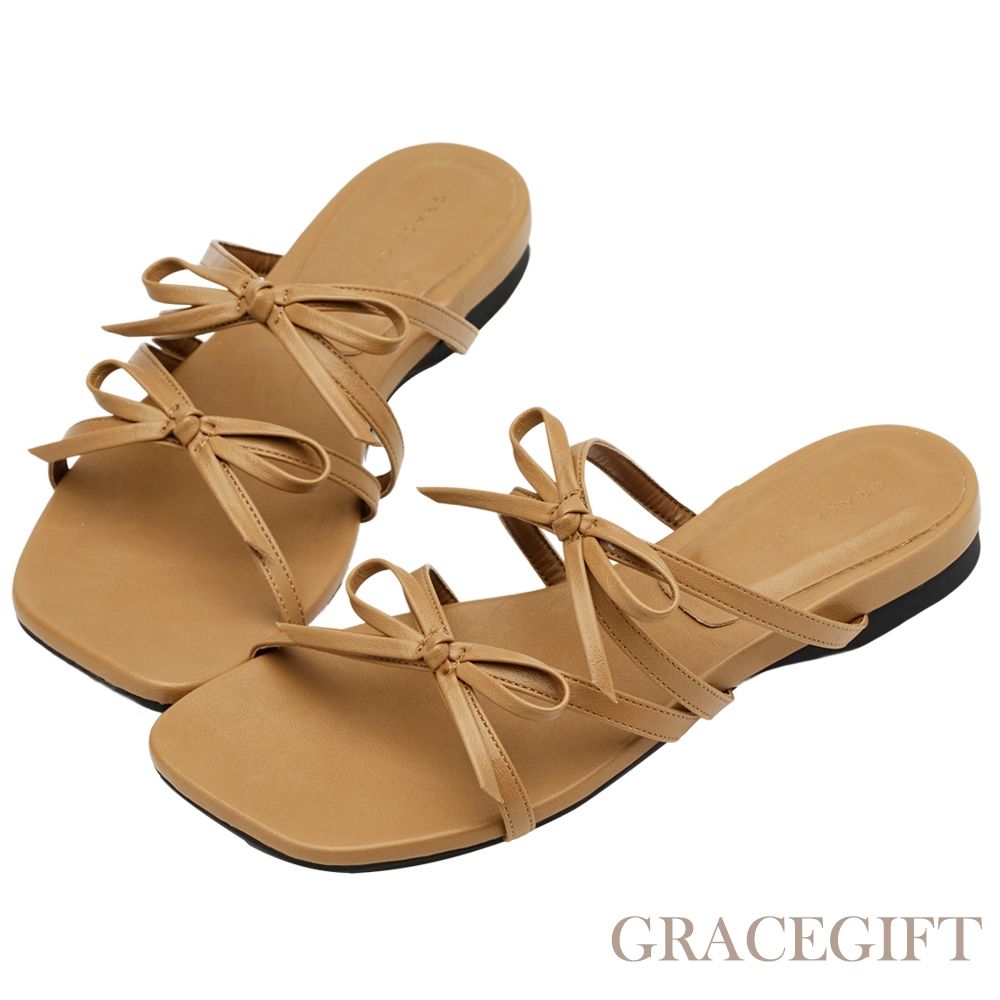 【Grace Gift】韓系雙蝴蝶結細帶平底拖鞋 駝