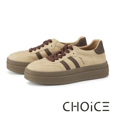 CHOiCE 復古條紋牛皮綁帶厚底休閒鞋 棕色