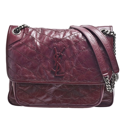 YSL 經典NIKI系列同色金屬LOGO揉製小牛皮翻蓋肩/斜揹包(中 酒紅色)