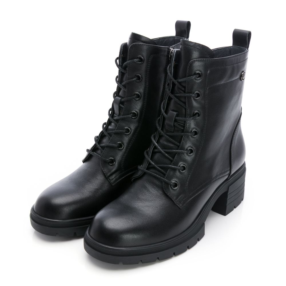 viina簡約真皮綁帶厚底馬汀短靴－黑 (viina)