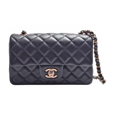 CHANEL香奈兒 CHANEL MINI COCO菱格紋小羊皮玫瑰金轉釦肩背包(黑)