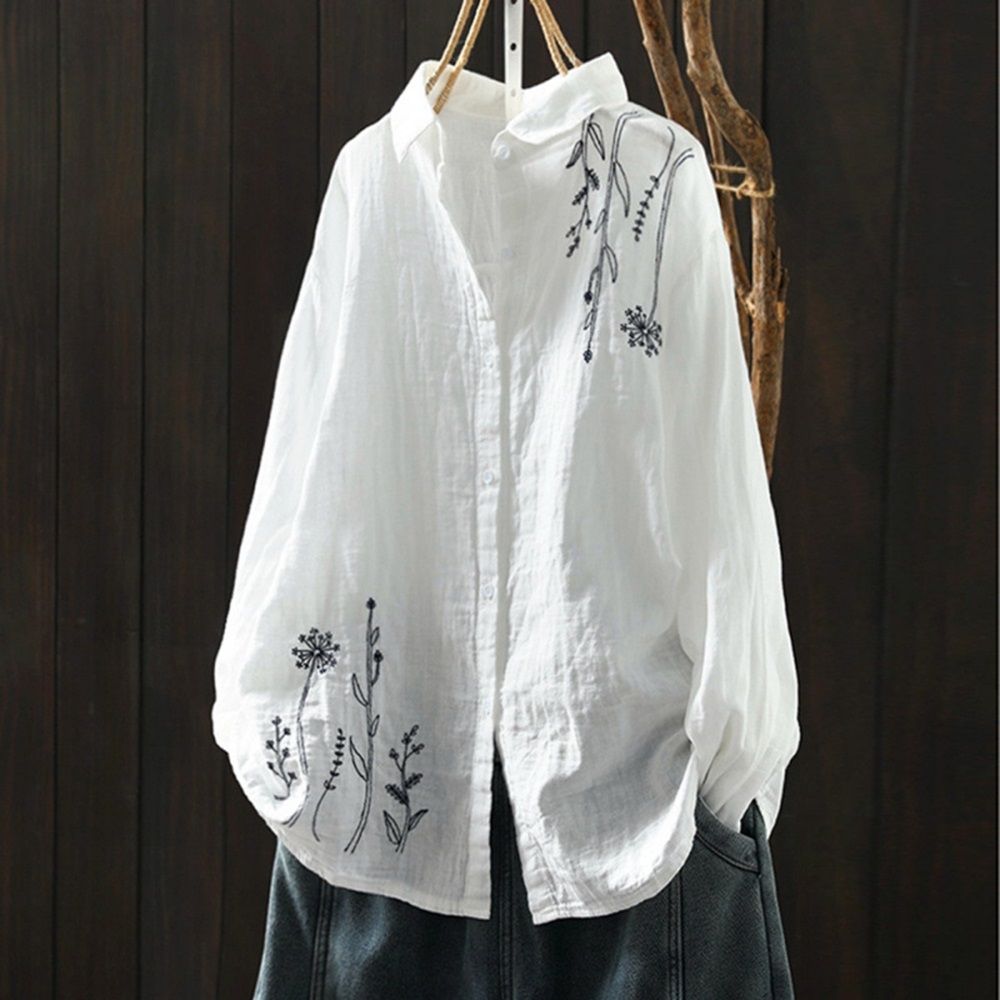設計所在 棉麻隨性風 雙層棉紗刺繡長袖襯衫(2色可選) 1424-9 (白色)